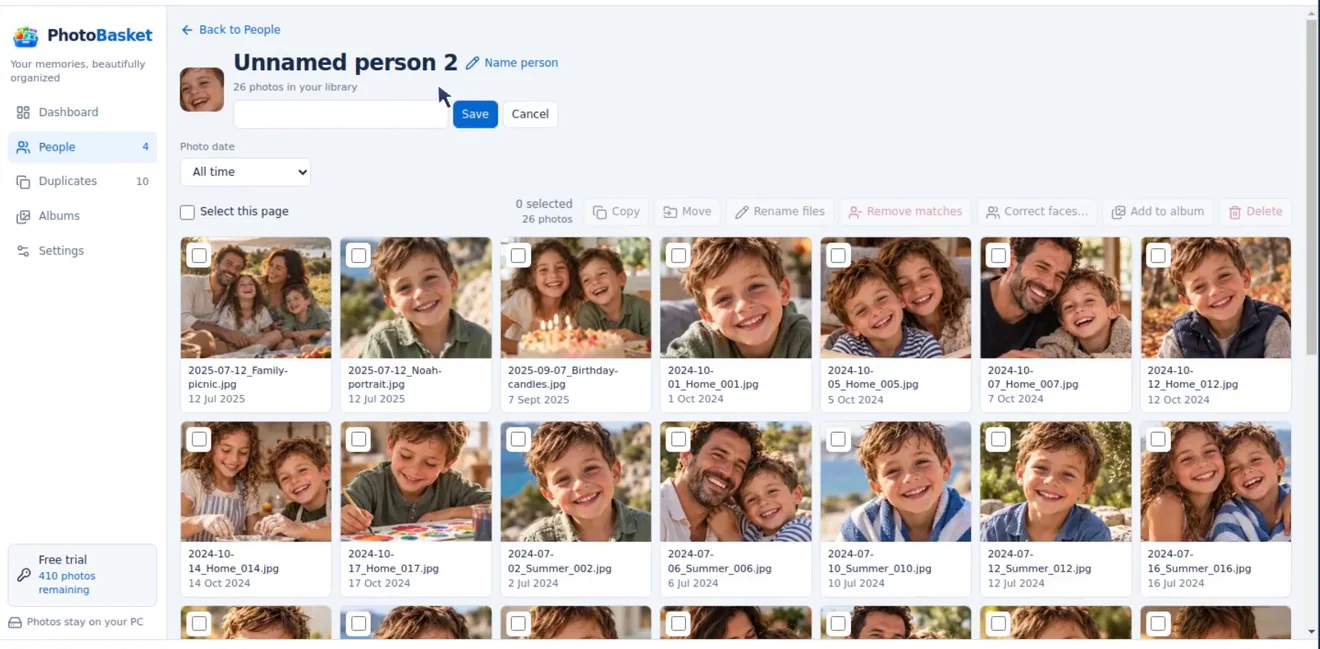 PhotoBasket People screen, grouping recognized faces